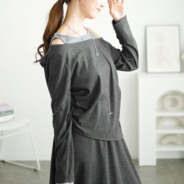 大きいサイズ レディース 重ね着風オフショルトップス＆ロングスカートセット　goldy-1655