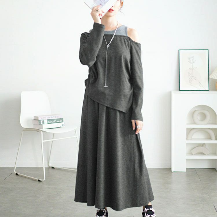 大きいサイズ レディース 重ね着風オフショルトップス＆ロングスカートセット　goldy-1655