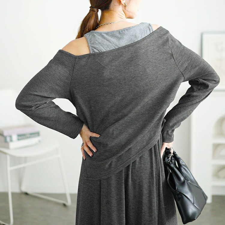 大きいサイズ レディース 重ね着風オフショルトップス＆ロングスカートセット　goldy-1655