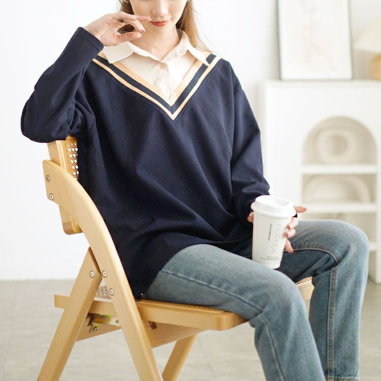 大きいサイズ レディース 裾ドロストVネック重ね着風プルオーバー　goldy-1647