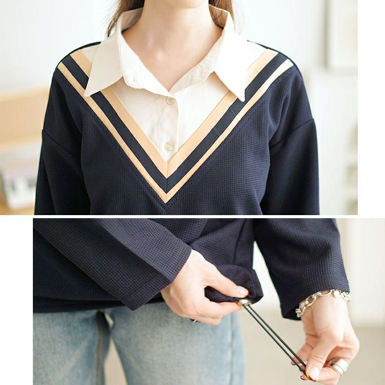 大きいサイズ レディース 裾ドロストVネック重ね着風プルオーバー　goldy-1647