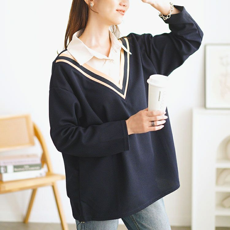 大きいサイズ レディース 裾ドロストVネック重ね着風プルオーバー　goldy-1647