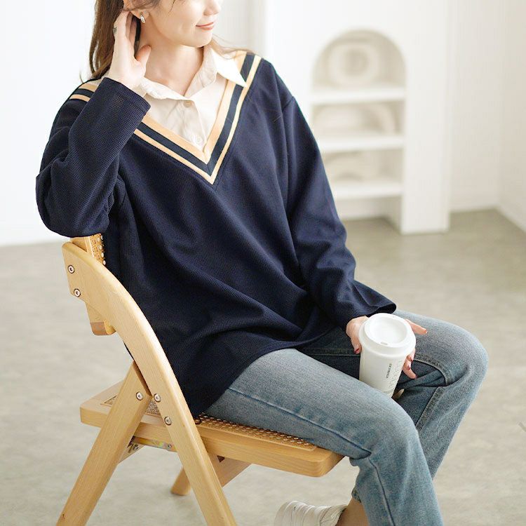 大きいサイズ レディース 裾ドロストVネック重ね着風プルオーバー　goldy-1647