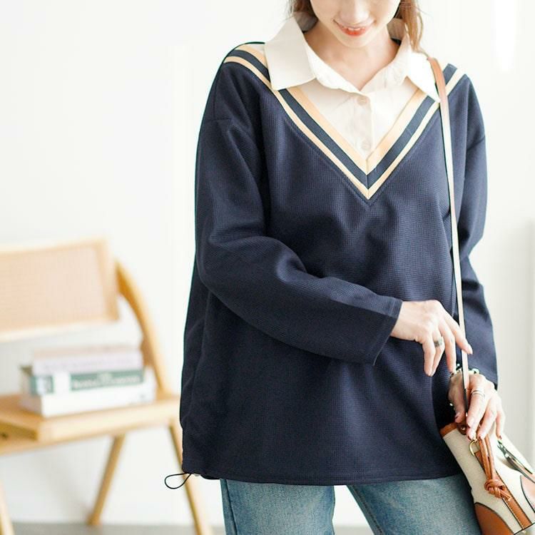 大きいサイズ レディース 裾ドロストVネック重ね着風プルオーバー　goldy-1647 ネイビー