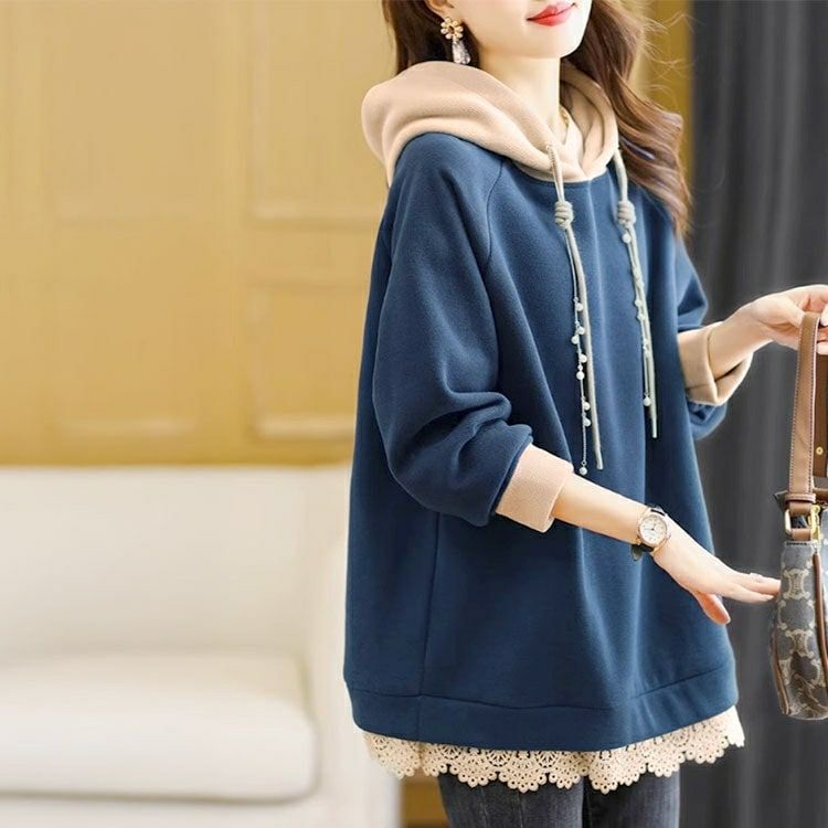 大きいサイズ レディース 裏起毛パールチャーム付きバイカラーパーカー