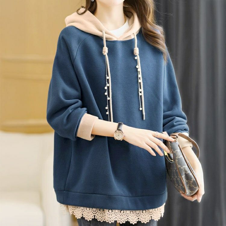 大きいサイズ レディース 裏起毛パールチャーム付きバイカラーパーカー　goldy-1645