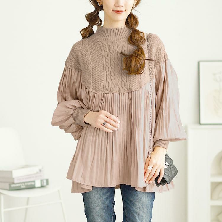 大きいサイズ レディース プリーツ切替えニットトップス　goldy-1643 ベージュ