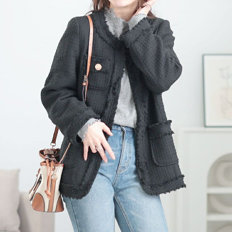 大きいサイズ レディース ノーカラーツイードジャケット　goldy-1636