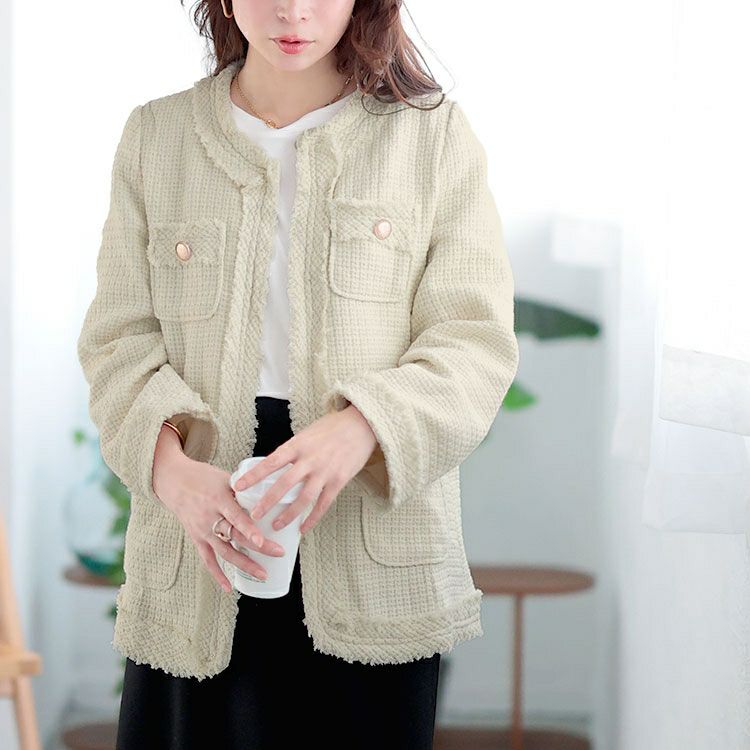 大きいサイズ レディース ノーカラーツイードジャケット　goldy-1636