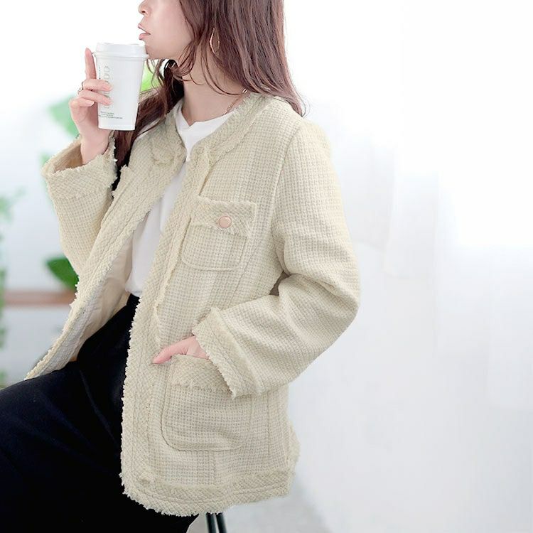 大きいサイズ レディース ノーカラーツイードジャケット　goldy-1636