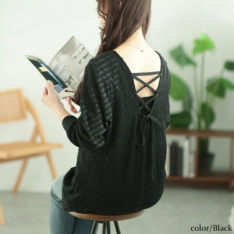 大きいサイズ レディース 後ろレースアップヘリンボーン柄プルオーバー　jp504