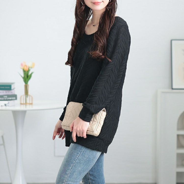 大きいサイズ レディース 後ろレースアップヘリンボーン柄プルオーバー　jp504