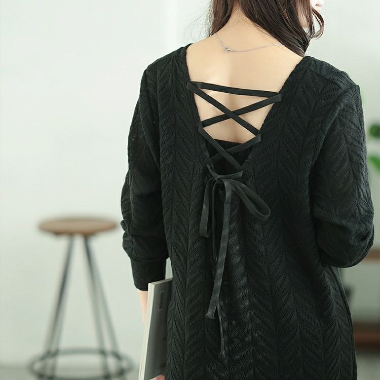 大きいサイズ レディース 後ろレースアップヘリンボーン柄プルオーバー　jp504