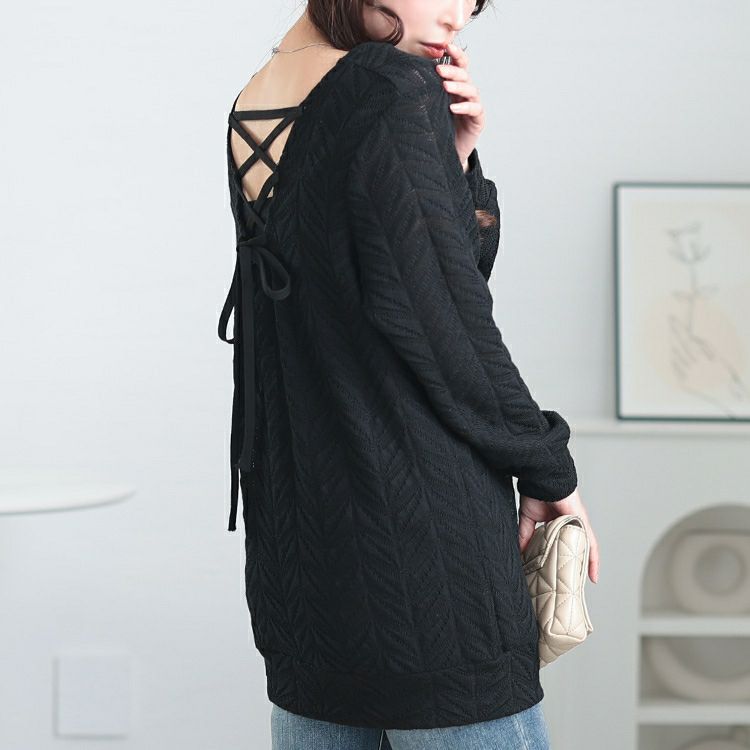 大きいサイズ レディース 後ろレースアップヘリンボーン柄プルオーバー　jp504