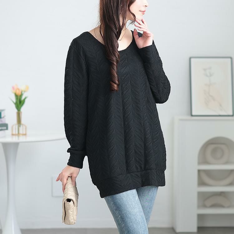 大きいサイズ レディース 後ろレースアップヘリンボーン柄プルオーバー　jp504 ブラック