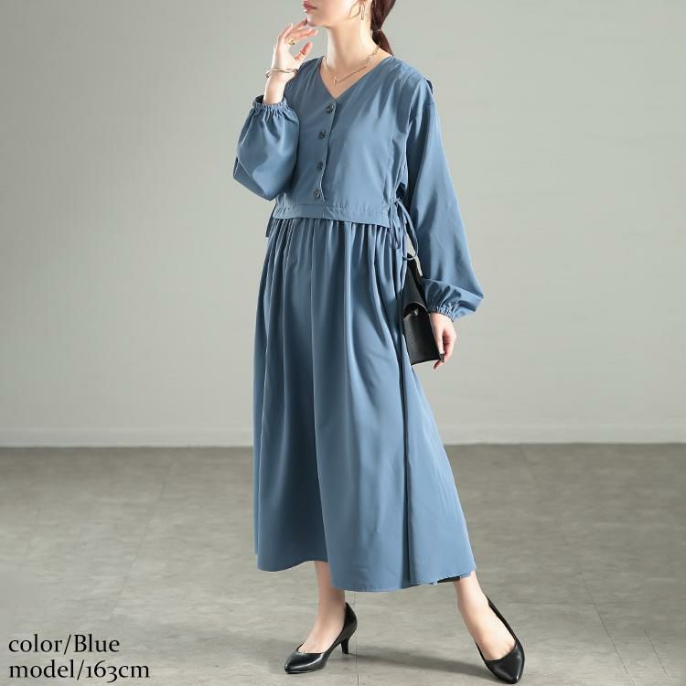 大きいサイズ レディース サイドリボンベストドッキングワンピース　fem-561 ブルー
