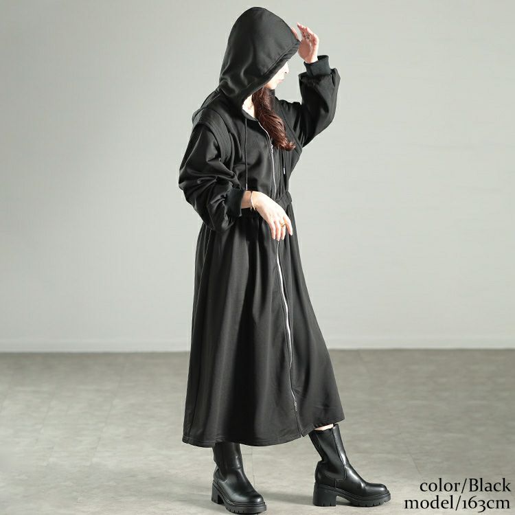 大きいサイズ レディース ウエストギャザーZIPパーカーワンピース　maru-30106