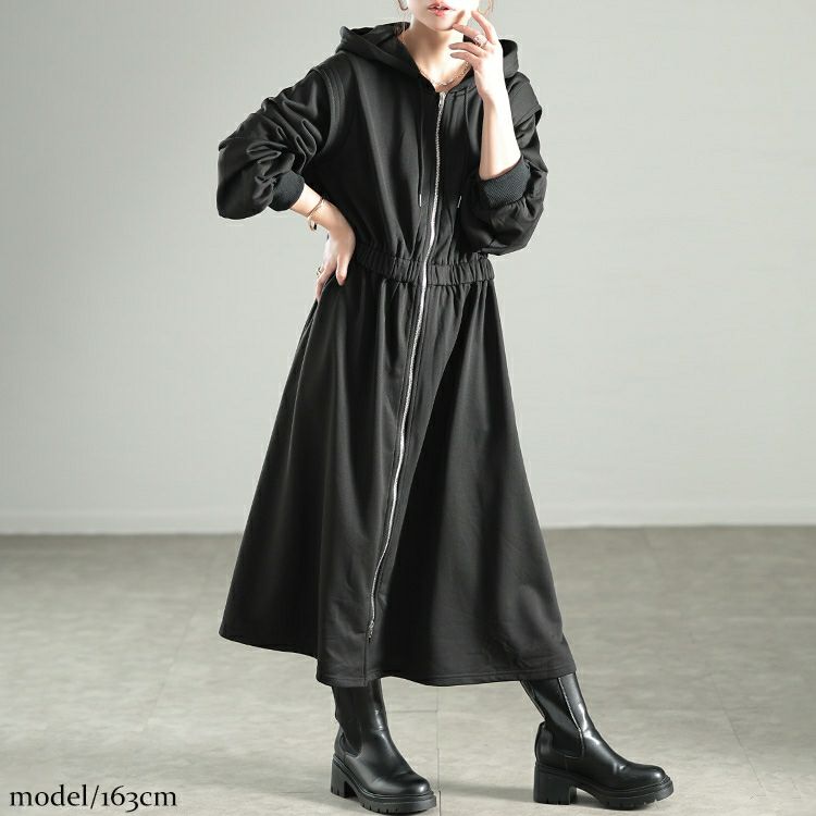 大きいサイズ レディース ウエストギャザーZIPパーカーワンピース maru