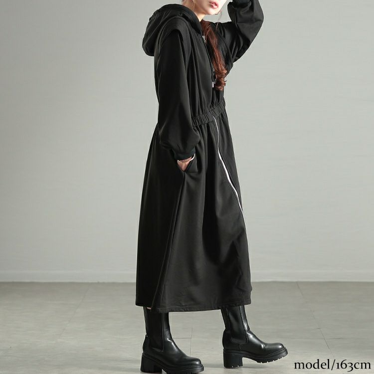 大きいサイズ レディース ウエストギャザーZIPパーカーワンピース maru