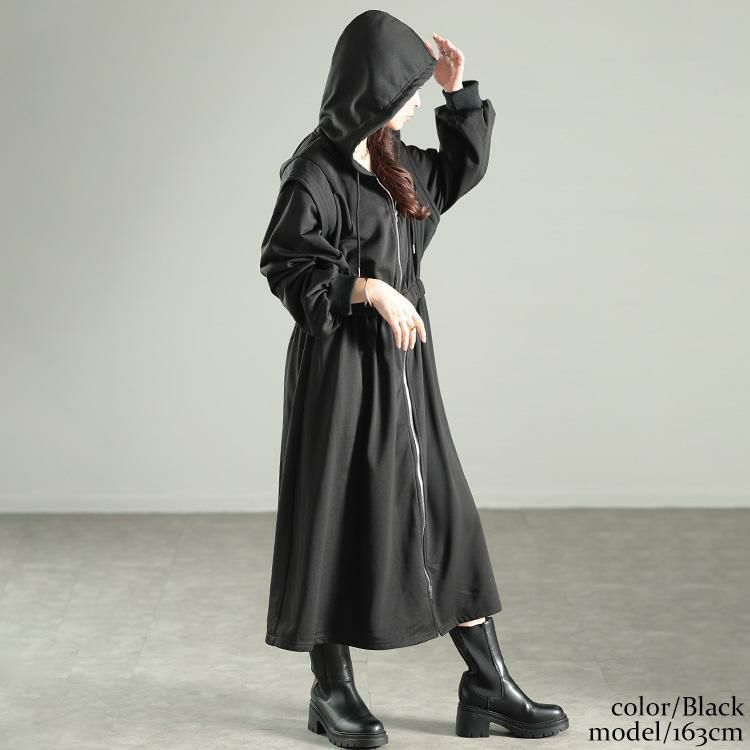 大きいサイズ レディース ウエストギャザーZIPパーカーワンピース　maru-30106 ブラック