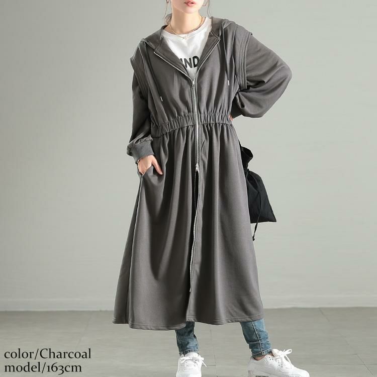 大きいサイズ レディース ウエストギャザーZIPパーカーワンピース　maru-30106 チャコール