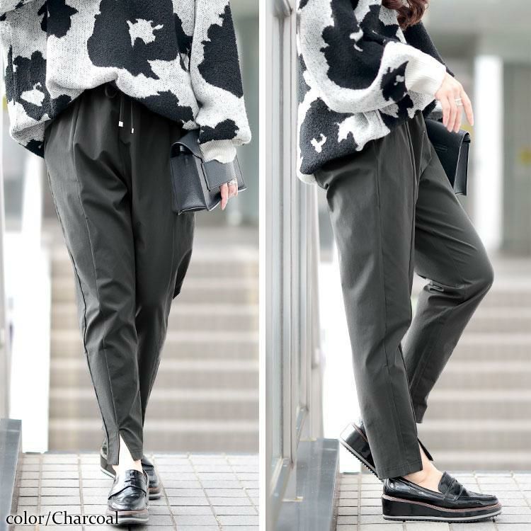 大きいサイズ レディース センタースリットストレッチテーパードパンツ　maru-30109 【メール便可】 チャコール