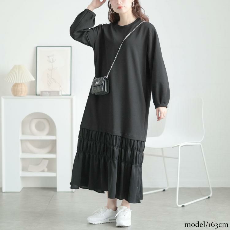 大きいサイズ レディース 裾ティアードスウェットワンピース　goldy-1639 ブラック