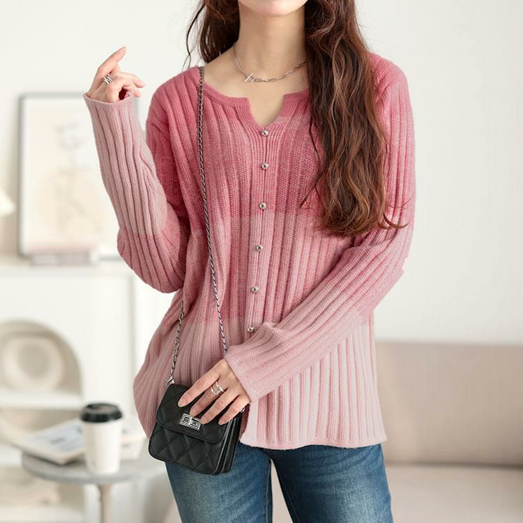 大きいサイズ レディース キーネックグラデーションリブニット　goldy-1638 ピンク