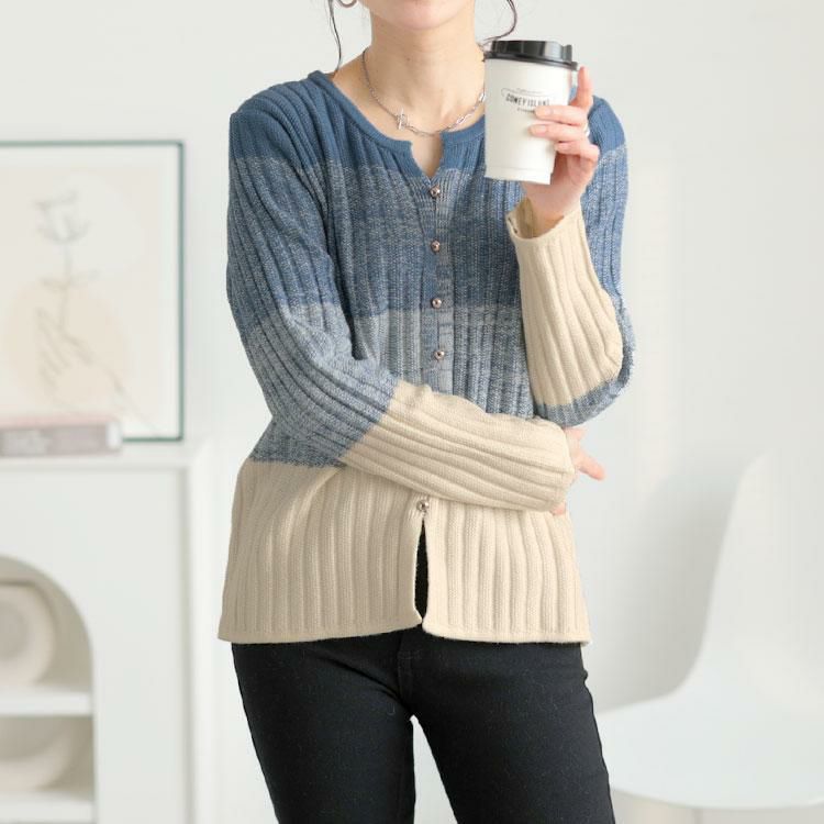 大きいサイズ レディース キーネックグラデーションリブニット　goldy-1638 ブルー