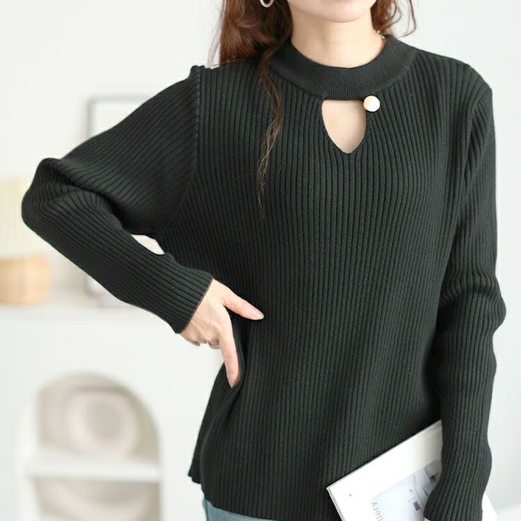 大きいサイズ レディース 胸元カットアウトリブニットトップス　goldy-1637