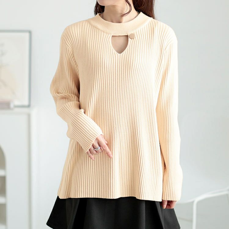 大きいサイズ レディース 胸元カットアウトリブニットトップス　goldy-1637