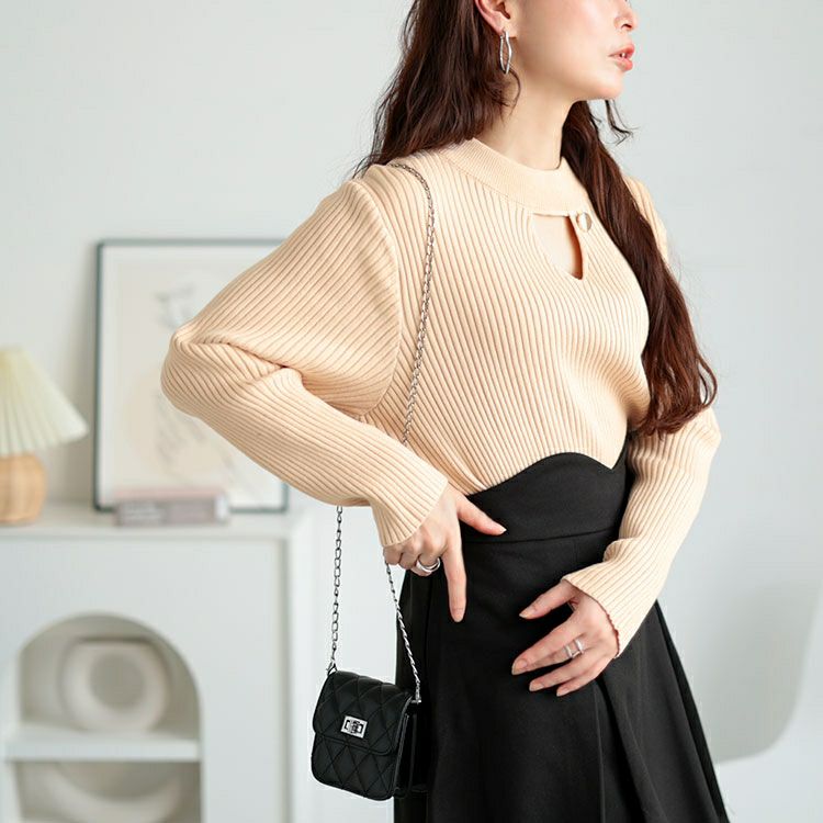 大きいサイズ レディース 胸元カットアウトリブニットトップス　goldy-1637