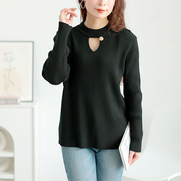 大きいサイズ レディース 胸元カットアウトリブニットトップス　goldy-1637