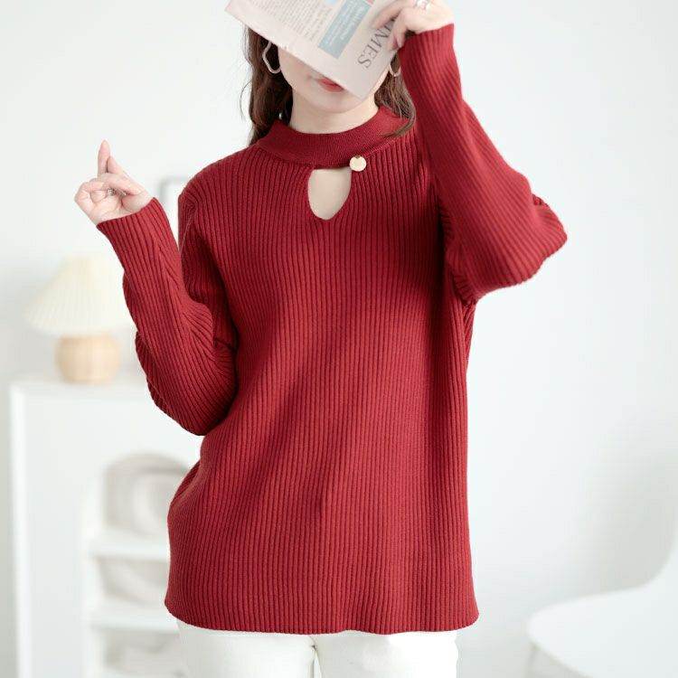 大きいサイズ レディース 胸元カットアウトリブニットトップス　goldy-1637