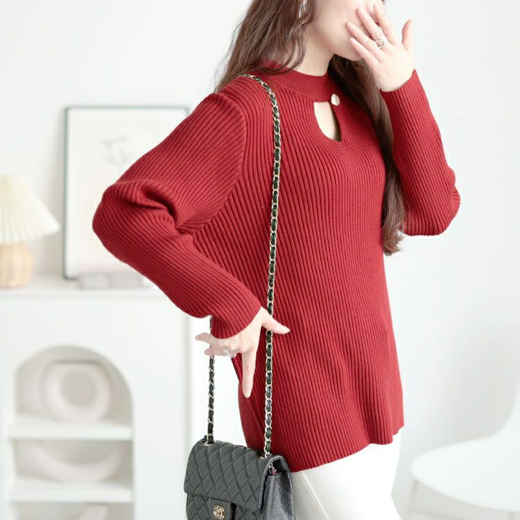 大きいサイズ レディース 胸元カットアウトリブニットトップス　goldy-1637