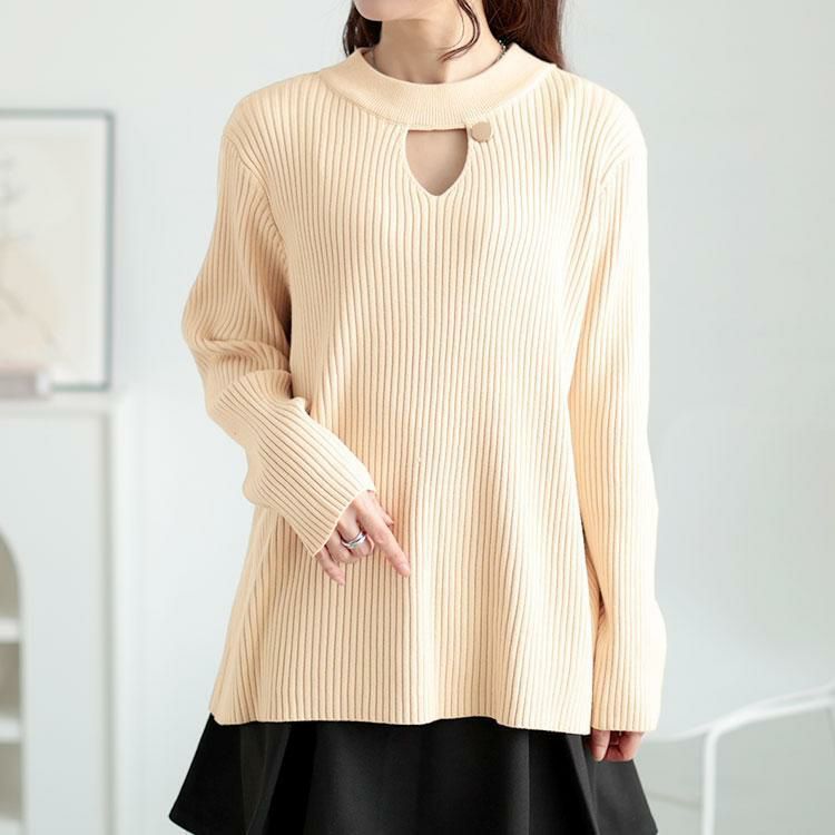 大きいサイズ レディース 胸元カットアウトリブニットトップス　goldy-1637 オフホワイト