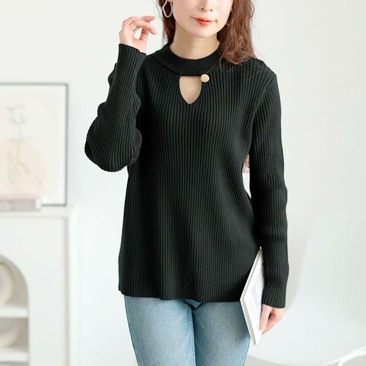 大きいサイズ レディース 胸元カットアウトリブニットトップス　goldy-1637 ブラック