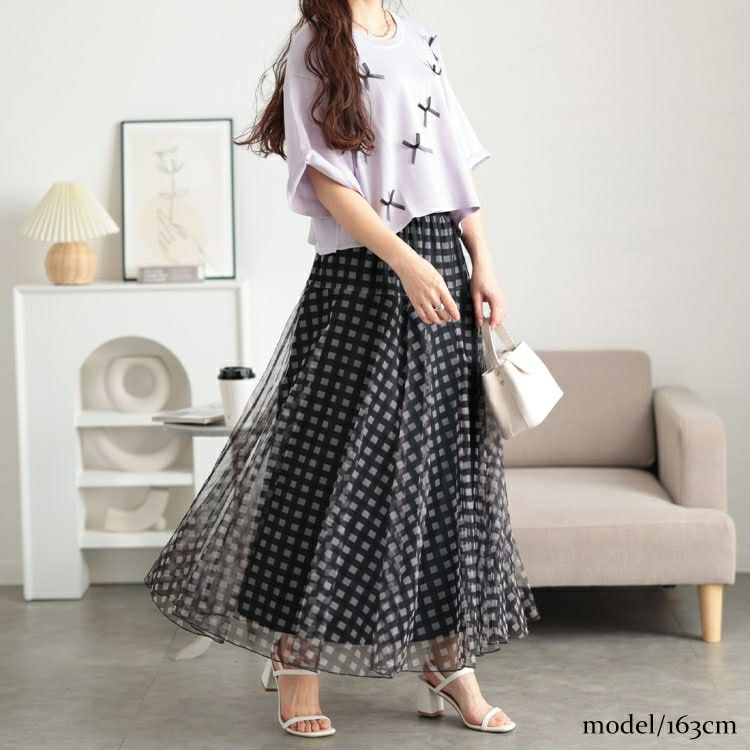 大きいサイズ レディース ギンガムチェック柄チュールフレアスカート　maru-30133