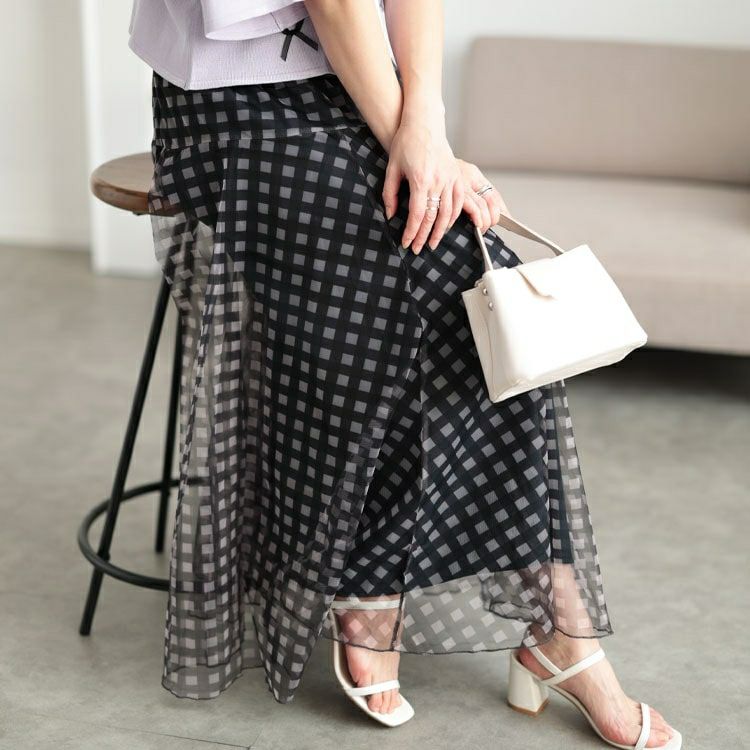 大きいサイズ レディース ギンガムチェック柄チュールフレアスカート　maru-30133