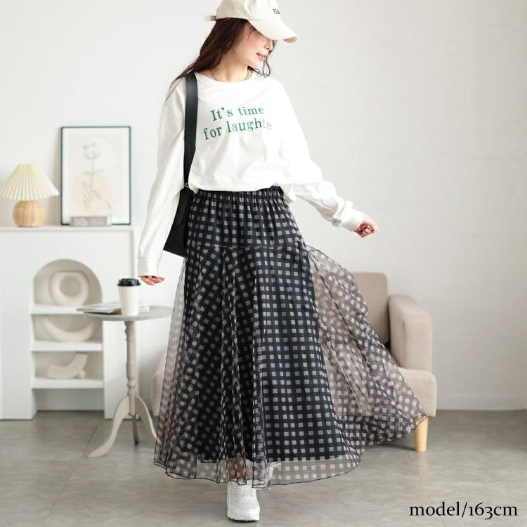 大きいサイズ レディース ギンガムチェック柄チュールフレアスカート　maru-30133