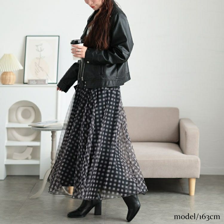 大きいサイズ レディース ギンガムチェック柄チュールフレアスカート　maru-30133