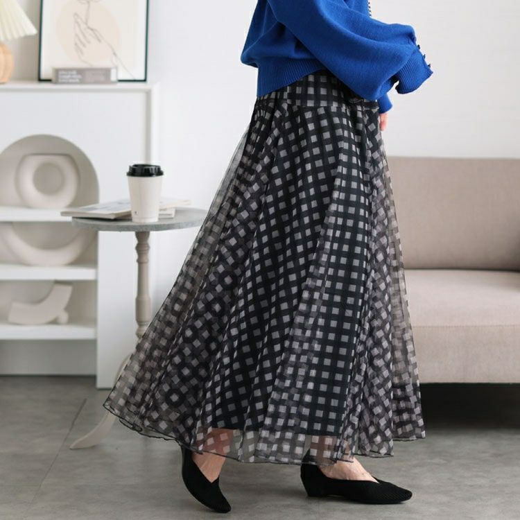 大きいサイズ レディース ギンガムチェック柄チュールフレアスカート