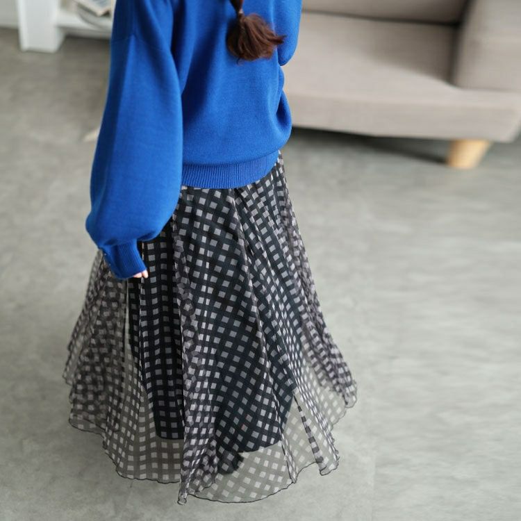 大きいサイズ レディース ギンガムチェック柄チュールフレアスカート　maru-30133