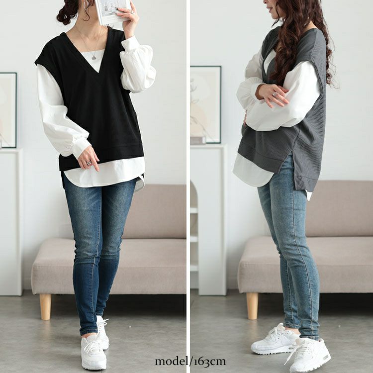 大きいサイズ レディース 深Vネックフェイクベストプルオーバー　maru-30131