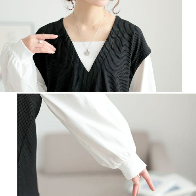 大きいサイズ レディース 深Vネックフェイクベストプルオーバー　maru-30131