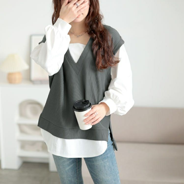 大きいサイズ レディース 深Vネックフェイクベストプルオーバー　maru-30131