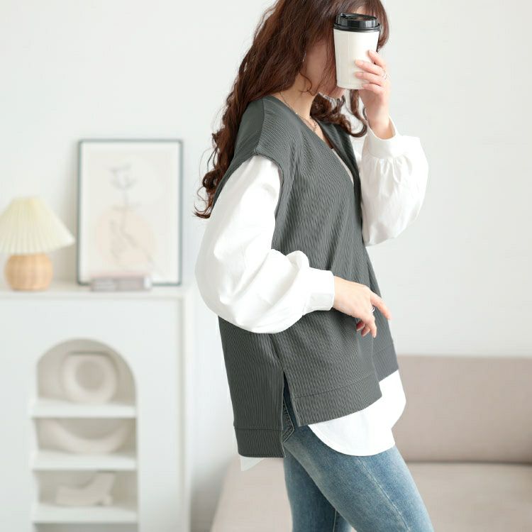 大きいサイズ レディース 深Vネックフェイクベストプルオーバー　maru-30131