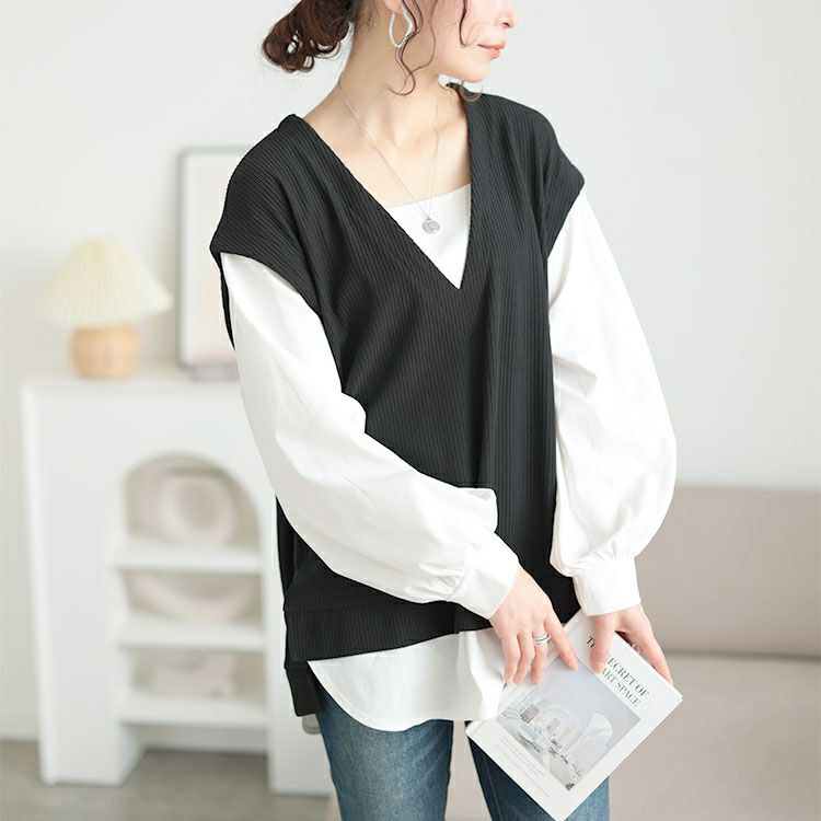 大きいサイズ レディース 深Vネックフェイクベストプルオーバー　maru-30131