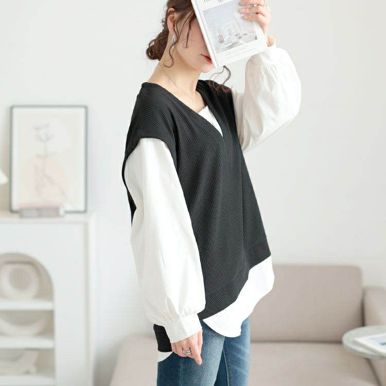 大きいサイズ レディース 深Vネックフェイクベストプルオーバー　maru-30131