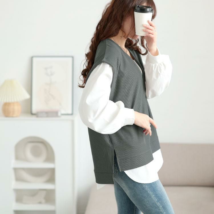 大きいサイズ レディース 深Vネックフェイクベストプルオーバー　maru-30131 グレー